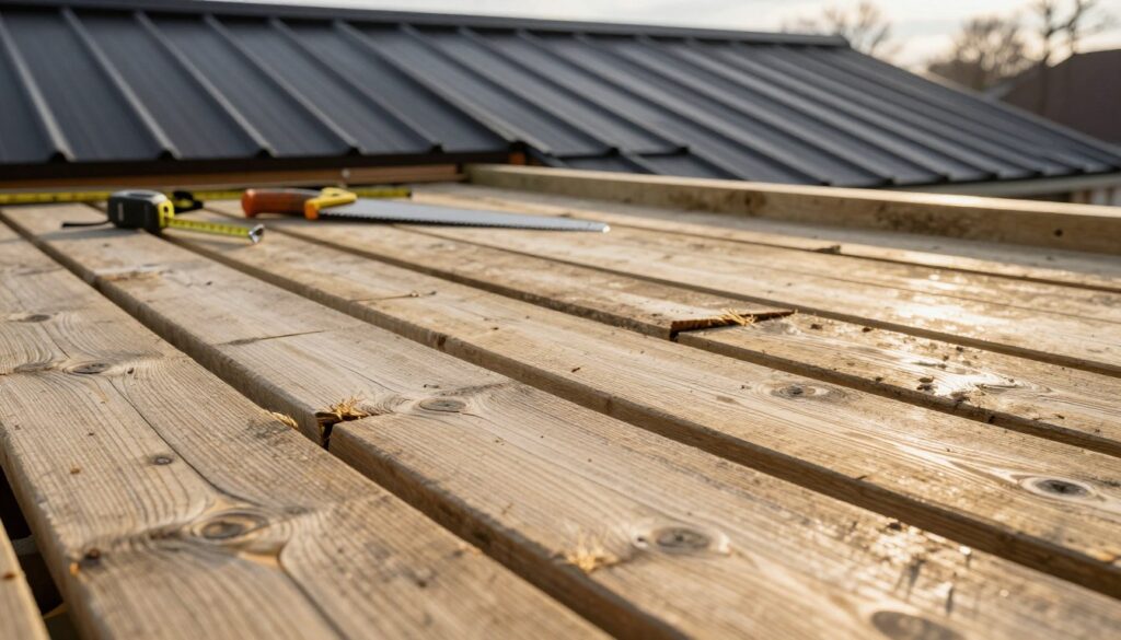 A detailed view of a wooden roof deck construction in a residential setting. In the foreground, weathered wooden planks are prominently displayed, showing potential imperfections such as warping and cracks. In the middle ground, construction tools like a saw and tape measure are neatly arranged, indicating the ongoing work. The background features a partially completed roof with metal roofing panels being installed, bathed in warm afternoon sunlight casting soft shadows. The scene conveys a sense of both craftsmanship and the challenges involved in roofing, highlighting the complexities of proper deck installation. The atmosphere is practical yet contemplative, suggesting a balance between functionality and aesthetic appeal. A detailed view of a wooden roof deck construction in a residential setting. In the foreground, weathered wooden planks are prominently displayed, showing potential imperfections such as warping and cracks. In the middle ground, construction tools like a saw and tape measure are neatly arranged, indicating the ongoing work. The background features a partially completed roof with metal roofing panels being installed, bathed in warm afternoon sunlight casting soft shadows. The scene conveys a sense of both craftsmanship and the challenges involved in roofing, highlighting the complexities of proper deck installation. The atmosphere is practical yet contemplative, suggesting a balance between functionality and aesthetic appeal.