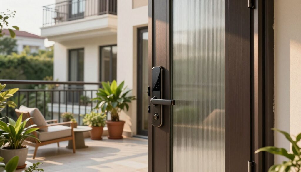 A detailed view of modern entry doors transitioning from a balcony setting, focusing on safety features. In the foreground, showcase high-security double doors with reinforced frames and smart locking mechanisms, crafted from durable materials like steel or tempered glass. The middle ground displays a beautifully landscaped balcony area, featuring potted plants and a cozy seating arrangement, symbolizing a harmonious blend of indoor and outdoor living. In the background, a well-maintained building exterior with soft afternoon sunlight illuminating the scene, creating a welcoming yet secure atmosphere. The angle should emphasize the door’s functionality and aesthetics, evoking a sense of safety and modern design. A detailed view of modern entry doors transitioning from a balcony setting, focusing on safety features. In the foreground, showcase high-security double doors with reinforced frames and smart locking mechanisms, crafted from durable materials like steel or tempered glass. The middle ground displays a beautifully landscaped balcony area, featuring potted plants and a cozy seating arrangement, symbolizing a harmonious blend of indoor and outdoor living. In the background, a well-maintained building exterior with soft afternoon sunlight illuminating the scene, creating a welcoming yet secure atmosphere. The angle should emphasize the door’s functionality and aesthetics, evoking a sense of safety and modern design.
