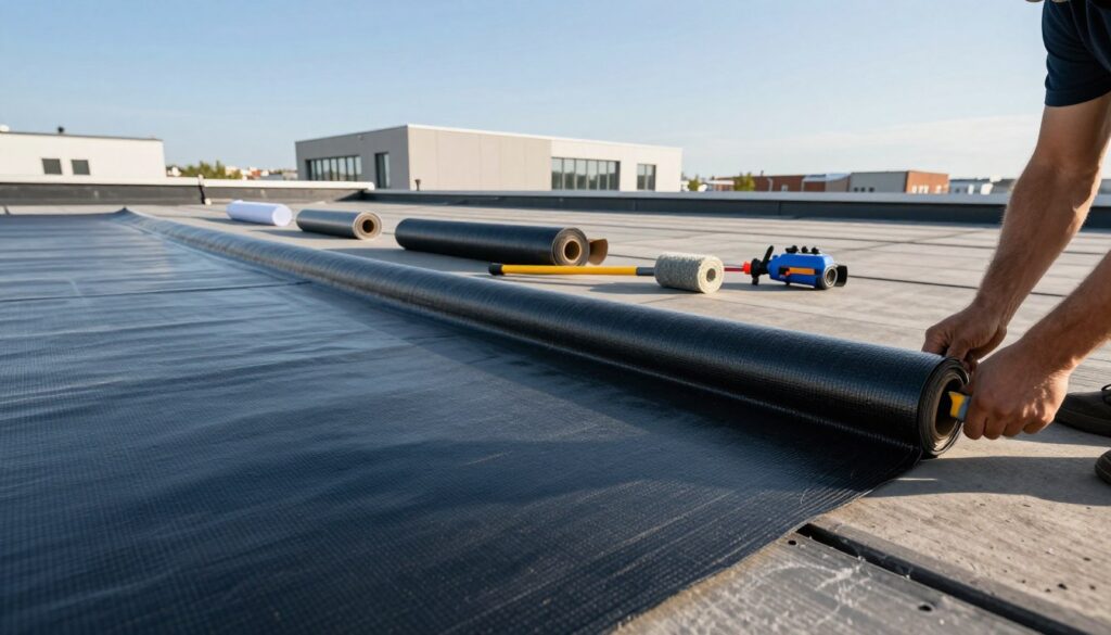 A flat roofing membrane installation, showcasing a modern, durable hydro-isolation material. The foreground features a close-up of a worker expertly applying an innovative membrane, highlighting its texture and flexible characteristics. In the middle ground, several rolls of the membrane are laid out alongside high-quality tools such as a roller and heated welding equipment, emphasizing the construction process. The background captures a clean, contemporary urban rooftop with minimalistic architecture, under bright afternoon sunlight. The scene exudes professionalism and attention to detail, with a clear blue sky creating a calm yet focused atmosphere. Use a wide-angle lens perspective to provide depth, while ensuring sharp focus on the membrane application.