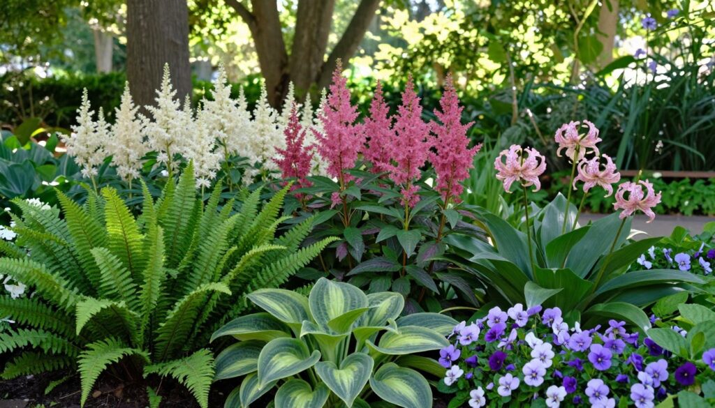 A lush garden scene featuring a variety of shade-loving plants, with an emphasis on perennial flowers. In the foreground, vibrant ferns and hostas create a textural contrast, while clusters of delicate violets and heucheras add pops of color. The middle ground showcases blooming astilbes with feathery plumes in whites and deep pinks, alongside elegant toad lilies with spotted petals. The background reveals a soft blur of taller trees filtering dappled sunlight, creating a serene and tranquil atmosphere. Lighting plays a crucial role, with soft, diffused sunlight illuminating the scene, enhancing the lush greens and vibrant flower colors. The angle captures the depth of the garden, inviting viewers to appreciate the beauty and diversity of shade-tolerant plants in a peaceful retreat. A lush garden scene featuring a variety of shade-loving plants, with an emphasis on perennial flowers. In the foreground, vibrant ferns and hostas create a textural contrast, while clusters of delicate violets and heucheras add pops of color. The middle ground showcases blooming astilbes with feathery plumes in whites and deep pinks, alongside elegant toad lilies with spotted petals. The background reveals a soft blur of taller trees filtering dappled sunlight, creating a serene and tranquil atmosphere. Lighting plays a crucial role, with soft, diffused sunlight illuminating the scene, enhancing the lush greens and vibrant flower colors. The angle captures the depth of the garden, inviting viewers to appreciate the beauty and diversity of shade-tolerant plants in a peaceful retreat.