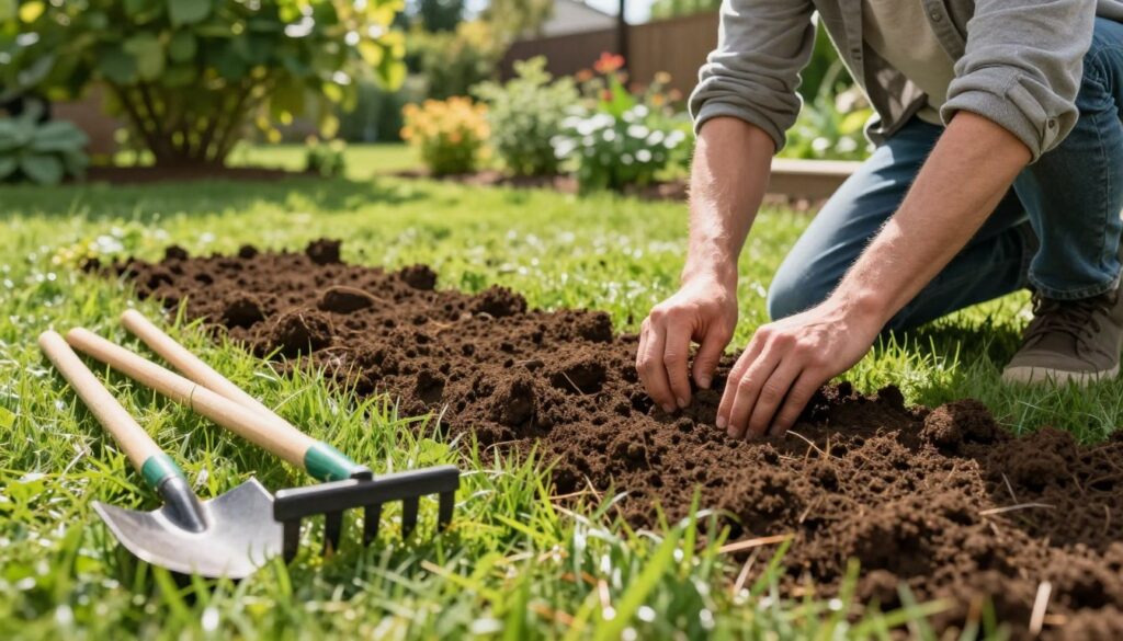 A lush green garden scene depicting the preparation of a lawn substrate, focusing on the intricate details of soil tilling. In the foreground, there are tools such as a rake and hoe neatly arranged beside freshly turned soil, highlighting the texture and quality of the earth. In the middle ground, an individual in modest casual clothing kneels, carefully testing the soil moisture with their hands, demonstrating the care needed in lawn preparation. The background features a beautiful array of verdant trees and shrubs, basking under warm sunlight, creating a tranquil atmosphere. The lighting is bright and natural, casting soft shadows that enhance the textures of the soil and grass. The composition evokes a sense of diligence and connection to nature while preparing for effective seed sowing techniques. A lush green garden scene depicting the preparation of a lawn substrate, focusing on the intricate details of soil tilling. In the foreground, there are tools such as a rake and hoe neatly arranged beside freshly turned soil, highlighting the texture and quality of the earth. In the middle ground, an individual in modest casual clothing kneels, carefully testing the soil moisture with their hands, demonstrating the care needed in lawn preparation. The background features a beautiful array of verdant trees and shrubs, basking under warm sunlight, creating a tranquil atmosphere. The lighting is bright and natural, casting soft shadows that enhance the textures of the soil and grass. The composition evokes a sense of diligence and connection to nature while preparing for effective seed sowing techniques.