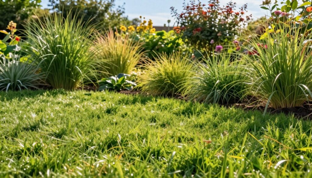 A lush, vibrant garden scene depicting a variety of grass types ideal for different conditions. In the foreground, showcase a patch of rich, green lawn with soft, textured blades of grass that invite touch. In the middle ground, intersperse sections with diverse grass mixtures, displaying differences in color and height, illustrating options for various soil types and sunlight exposure. The background features a sun-drenched garden setting with blooming flowers and shrubs silhouetted against a bright blue sky, creating an inviting atmosphere. Use warm, natural lighting to enhance the vibrancy of the greens and the colorful flora. The scene should evoke serenity and inspire viewers to envision their ideal garden. Capture the image with a slight depth of field to keep the focus on the grass while gently blurring the surrounding plants for a soft, dreamy effect. A lush, vibrant garden scene depicting a variety of grass types ideal for different conditions. In the foreground, showcase a patch of rich, green lawn with soft, textured blades of grass that invite touch. In the middle ground, intersperse sections with diverse grass mixtures, displaying differences in color and height, illustrating options for various soil types and sunlight exposure. The background features a sun-drenched garden setting with blooming flowers and shrubs silhouetted against a bright blue sky, creating an inviting atmosphere. Use warm, natural lighting to enhance the vibrancy of the greens and the colorful flora. The scene should evoke serenity and inspire viewers to envision their ideal garden. Capture the image with a slight depth of field to keep the focus on the grass while gently blurring the surrounding plants for a soft, dreamy effect.