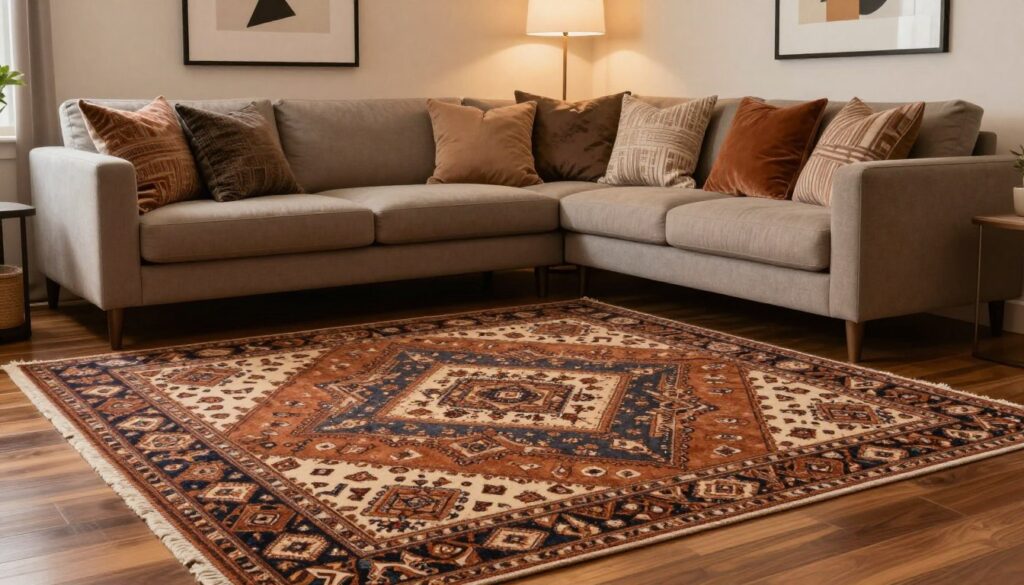 A luxurious living room setting showcasing various carpet textures and patterns. In the foreground, a richly patterned area rug with intricate geometric shapes in warm earthy tones, prominently displayed on a polished hardwood floor. The middle layer features a modern sofa in a complementary color, adorned with an array of stylish cushions that highlight the interplay of textures. The background includes soft-lit, elegantly designed walls with minimalistic artwork, creating a cozy yet sophisticated atmosphere. A gentle, diffused light casts a serene glow, enhancing the mood of relaxation and inviting comfort. The scene is captured with a wide-angle lens to provide an expansive view, emphasizing the harmonious blend of colors and patterns in the space.