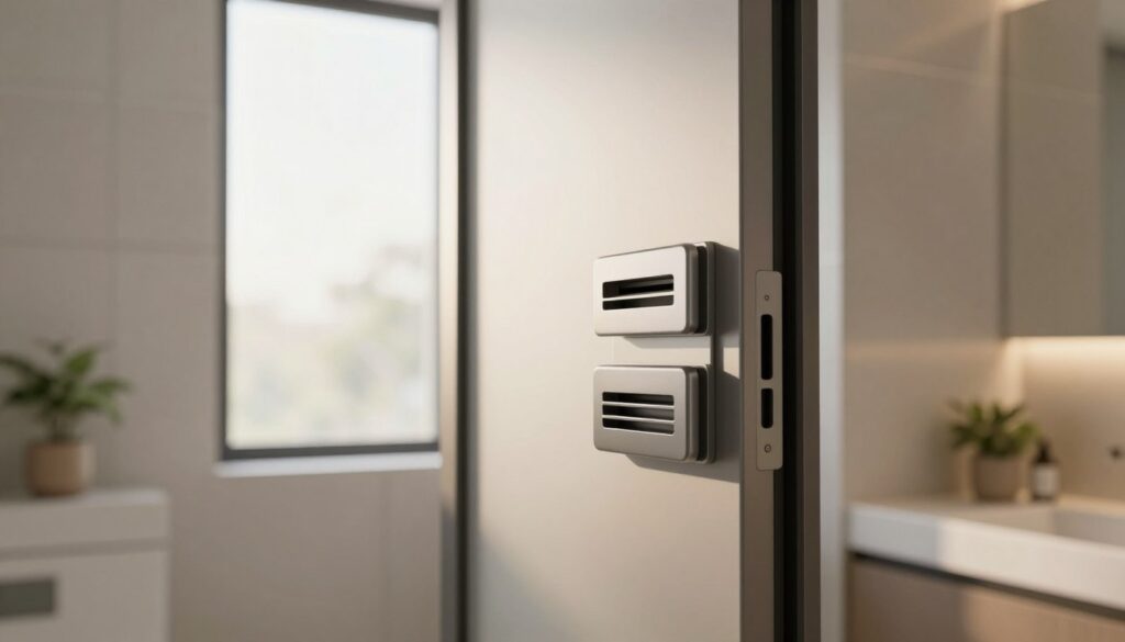 A modern bathroom door designed specifically for ventilation purposes, showcasing multiple ventilation sleeves. The door is centered in the foreground, revealing sleek lines and a polished finish. In the middle ground, soft natural light filters through a frosted glass window, illuminating the bathroom setting with a warm and inviting glow. Background features include minimalist decor like a small potted plant on a ledge and tiled walls, emphasizing an airy and spacious atmosphere. The angle is slightly elevated, capturing both the door and surrounding elements harmoniously. The overall mood conveys a sense of tranquility, functionality, and compliance with ventilation standards. A modern bathroom door designed specifically for ventilation purposes, showcasing multiple ventilation sleeves. The door is centered in the foreground, revealing sleek lines and a polished finish. In the middle ground, soft natural light filters through a frosted glass window, illuminating the bathroom setting with a warm and inviting glow. Background features include minimalist decor like a small potted plant on a ledge and tiled walls, emphasizing an airy and spacious atmosphere. The angle is slightly elevated, capturing both the door and surrounding elements harmoniously. The overall mood conveys a sense of tranquility, functionality, and compliance with ventilation standards.