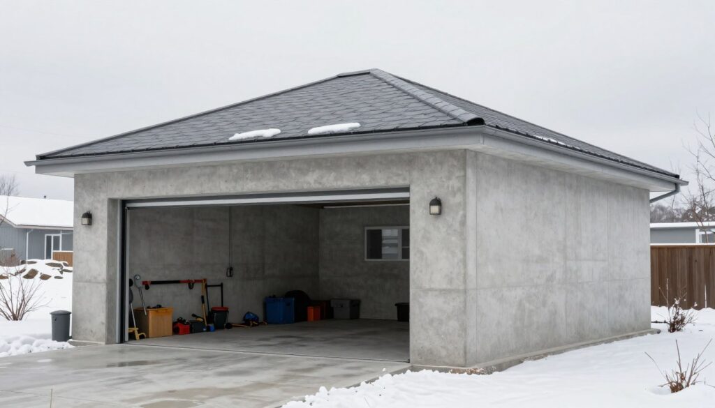 A modern concrete garage, featuring robust concrete slab construction, designed to withstand severe weather conditions like wind, snow, and moisture. In the foreground, the garage door is partially open, revealing a well-organized interior with tools and equipment. The middle ground shows the garage structure itself, showcasing durable materials with a sloped, waterproof roof. In the background, a wintery landscape with snow-covered ground and overcast skies emphasizes the garage's resilience. Soft, diffused lighting enhances the scene, simulating a chilly day. The angle is slightly elevated, providing a comprehensive view of the garage’s design elements. The mood is practical yet inviting, highlighting the functionality and durability necessary for extreme weather protection. No text or human figures are present in the image. A modern concrete garage, featuring robust concrete slab construction, designed to withstand severe weather conditions like wind, snow, and moisture. In the foreground, the garage door is partially open, revealing a well-organized interior with tools and equipment. The middle ground shows the garage structure itself, showcasing durable materials with a sloped, waterproof roof. In the background, a wintery landscape with snow-covered ground and overcast skies emphasizes the garage's resilience. Soft, diffused lighting enhances the scene, simulating a chilly day. The angle is slightly elevated, providing a comprehensive view of the garage’s design elements. The mood is practical yet inviting, highlighting the functionality and durability necessary for extreme weather protection. No text or human figures are present in the image.