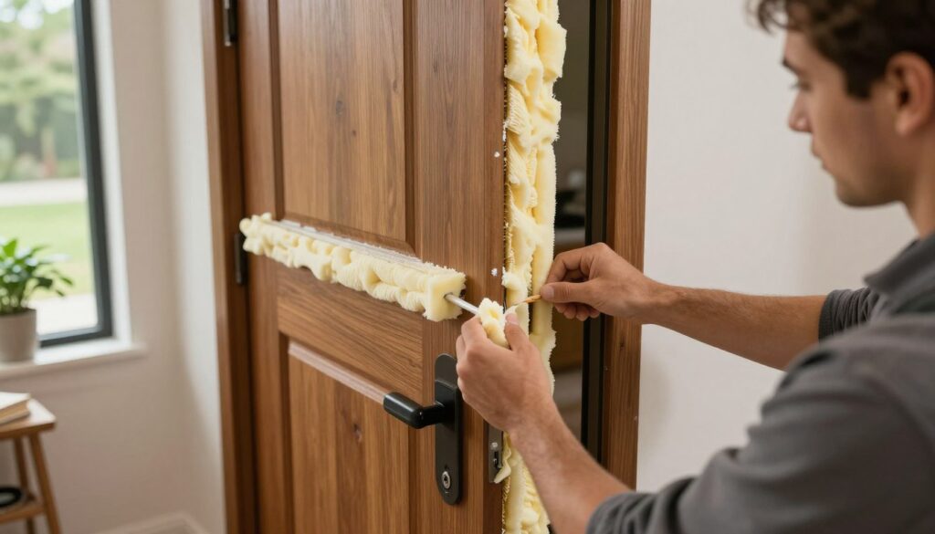 A modern entryway featuring an exterior door undergoing insulation improvement. In the foreground, a close-up view of a professional installer, dressed in modest work attire, applying insulation foam around the edges of a sturdy wooden door. The middle ground reveals the door partially open, showcasing a cross-section of the insulation materials, including foam boards and weather stripping. The background consists of a cozy home environment with a hint of greenery outside the window, under soft natural lighting to create an inviting atmosphere. The angle is slightly elevated, providing a clear perspective of the installation process while focusing on the details of the materials used, highlighting their effectiveness in enhancing thermal insulation.