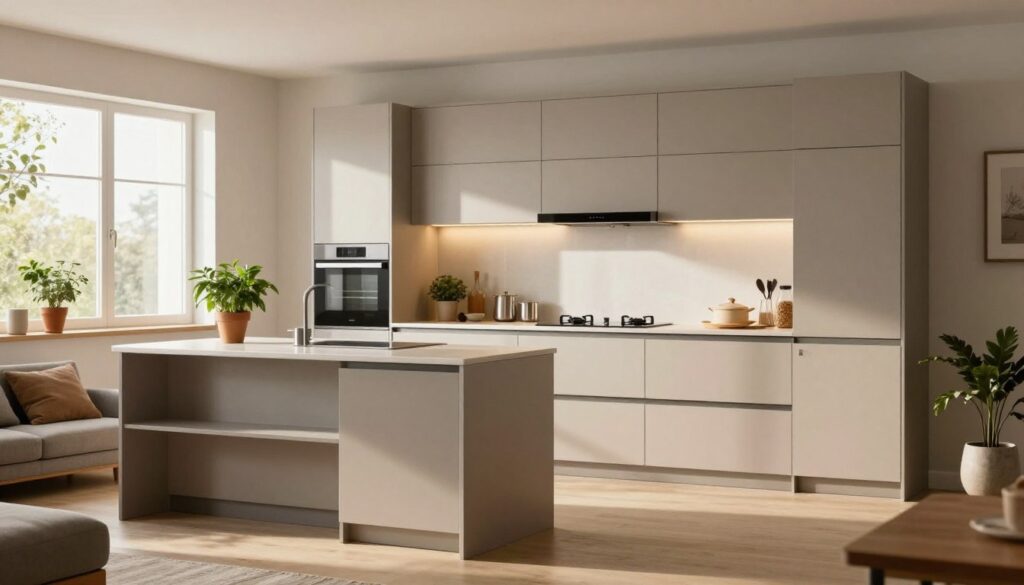 A modern, ergonomic kitchen design tailored for small spaces, featuring sleek, space-saving cabinetry and multifunctional furniture. In the foreground, a compact island with built-in storage and a cozy seating area. The middle ground showcases orderly cabinets with a minimalist aesthetic, illuminated by warm, natural light streaming from a nearby window. The background reveals tasteful decor elements, like potted herbs and elegant kitchenware, enhancing the organized workspace. The scene is shot with a wide-angle lens to emphasize the openness and efficiency of the design, creating a warm, inviting atmosphere perfect for cooking and gathering. The overall mood is functional yet stylish, embodying the ideal small kitchen layout that maximizes usability. A modern, ergonomic kitchen design tailored for small spaces, featuring sleek, space-saving cabinetry and multifunctional furniture. In the foreground, a compact island with built-in storage and a cozy seating area. The middle ground showcases orderly cabinets with a minimalist aesthetic, illuminated by warm, natural light streaming from a nearby window. The background reveals tasteful decor elements, like potted herbs and elegant kitchenware, enhancing the organized workspace. The scene is shot with a wide-angle lens to emphasize the openness and efficiency of the design, creating a warm, inviting atmosphere perfect for cooking and gathering. The overall mood is functional yet stylish, embodying the ideal small kitchen layout that maximizes usability.