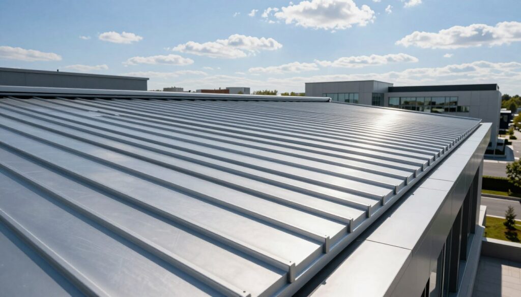 A modern flat roof covered with sleek, metallic roofing panels exhibiting a deep silver sheen reflecting sunlight. The foreground highlights the adjacent building’s edge, with the roofing materials laid seamlessly. In the middle ground, a gently sloping roof leads into a tranquil urban landscape, showcasing other contemporary buildings in soft focus. The background features a clear blue sky with a few fluffy white clouds, emphasizing a crisp, sunny day. Soft shadows are cast across the panels, enhancing their texture and depth. The mood is professional and sophisticated, ideal for illustrating durable waterproof solutions in modern architecture. The camera angle is slightly elevated, giving a wide view of the roof and surroundings, enhancing the sense of space and innovation.