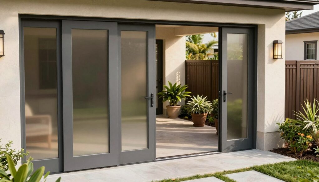 A modern home entrance design showcasing an elegant transition from sliding balcony doors to a fully functional front entry. In the foreground, a sleek and sturdy door with frosted glass panels and stylish handles stands out. The middle ground features a welcoming porch adorned with complementary potted plants, casting soft shadows in the afternoon light. The background includes a neatly landscaped yard with a pathway leading up to the entrance, framed by decorative fencing. Soft, natural lighting highlights the textures of the materials, creating a warm and inviting atmosphere. The angle captures the entrance from a slightly elevated perspective, emphasizing its accessibility and inviting character. No people are present, ensuring a clean focus on the architectural features. A modern home entrance design showcasing an elegant transition from sliding balcony doors to a fully functional front entry. In the foreground, a sleek and sturdy door with frosted glass panels and stylish handles stands out. The middle ground features a welcoming porch adorned with complementary potted plants, casting soft shadows in the afternoon light. The background includes a neatly landscaped yard with a pathway leading up to the entrance, framed by decorative fencing. Soft, natural lighting highlights the textures of the materials, creating a warm and inviting atmosphere. The angle captures the entrance from a slightly elevated perspective, emphasizing its accessibility and inviting character. No people are present, ensuring a clean focus on the architectural features.