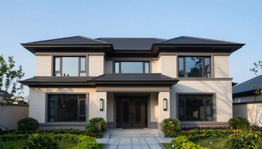 A modern house with a striking dark roof, showcasing the impact of architectural choices on the overall silhouette. In the foreground, vibrant landscaping includes manicured shrubs and a pathway leading up to the entrance, which features a contemporary door design. The middle ground captures the house's elegant lines, emphasizing the contrast between the dark roof and a light-colored façade, blending classic and modern elements. Tall windows reflect natural light, creating a dynamic interplay of shadows. The background features a clear blue sky, enhancing the house's presence. Capture the image from a low angle, providing a sense of grandeur, with soft, diffused lighting that imparts a serene and sophisticated atmosphere.