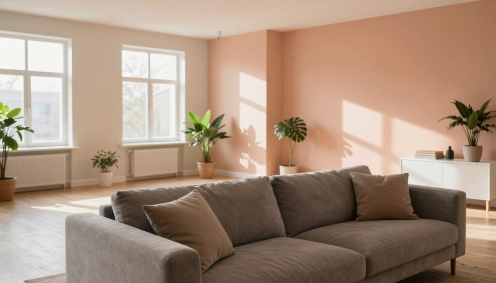 A modern interior scene featuring warm-colored walls that evoke a cozy atmosphere. In the foreground, a stylish gray sofa adorned with soft cushions invites relaxation. The walls are painted in inviting shades of beige, soft peach, and warm taupe, harmonizing with the white furniture in the room. Natural light streams in through large windows, casting gentle shadows and creating a welcoming ambiance. Potted plants in the corners add a touch of greenery, enhancing the sense of comfort. The camera angle is slightly elevated, capturing the spaciousness of the room while emphasizing the warmth of the color palette. Overall, the image radiates a sense of tranquility and modern elegance, making it an ideal representation of a cozy, stylish living space. A modern interior scene featuring warm-colored walls that evoke a cozy atmosphere. In the foreground, a stylish gray sofa adorned with soft cushions invites relaxation. The walls are painted in inviting shades of beige, soft peach, and warm taupe, harmonizing with the white furniture in the room. Natural light streams in through large windows, casting gentle shadows and creating a welcoming ambiance. Potted plants in the corners add a touch of greenery, enhancing the sense of comfort. The camera angle is slightly elevated, capturing the spaciousness of the room while emphasizing the warmth of the color palette. Overall, the image radiates a sense of tranquility and modern elegance, making it an ideal representation of a cozy, stylish living space.