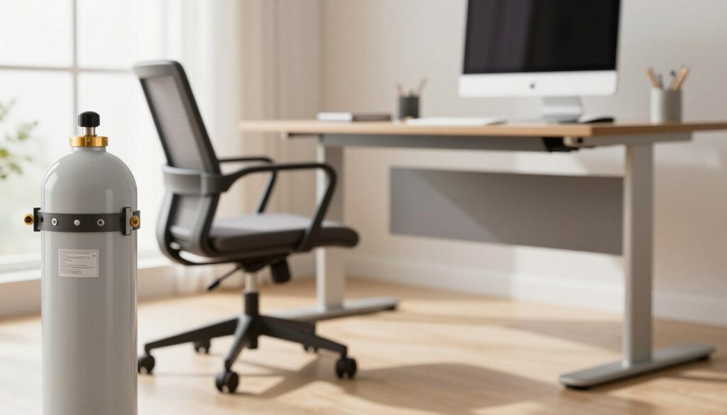 A modern interior scene showcasing a gas lift mechanism integrated into sleek, contemporary furniture. In the foreground, a close-up view of a high-quality gas cylinder and its mounting bracket, emphasizing its technological design with visible labeling and precise craftsmanship. The middle ground features a stylish ergonomic office chair and a height-adjustable desk, both demonstrating the functionality of the gas lift. In the background, a well-lit, minimalist workspace with soft natural light streaming in through large windows, enhancing the overall pleasant and inviting atmosphere. The angle is slightly tilted to capture the mechanism’s intricacies alongside the elegance of the furniture. The mood is professional and innovative, highlighting the efficiency and modernity of gas lift mechanisms in today’s interiors. A modern interior scene showcasing a gas lift mechanism integrated into sleek, contemporary furniture. In the foreground, a close-up view of a high-quality gas cylinder and its mounting bracket, emphasizing its technological design with visible labeling and precise craftsmanship. The middle ground features a stylish ergonomic office chair and a height-adjustable desk, both demonstrating the functionality of the gas lift. In the background, a well-lit, minimalist workspace with soft natural light streaming in through large windows, enhancing the overall pleasant and inviting atmosphere. The angle is slightly tilted to capture the mechanism’s intricacies alongside the elegance of the furniture. The mood is professional and innovative, highlighting the efficiency and modernity of gas lift mechanisms in today’s interiors.