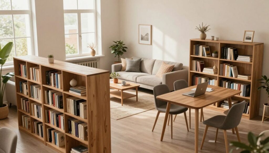 A modern interior space showcasing a creatively divided room using furniture. In the foreground, there are stylish bookshelves and a compact dining table, organized to define distinct functional areas. The middle ground features a cozy lounge area with a comfortable sofa and decorative pillows, enhancing the inviting atmosphere. The background displays a soft, neutral wall color with large windows allowing natural light to fill the room, creating a warm and bright ambiance. The scene is captured from a slightly elevated angle, emphasizing the layout and flow between different zones. The lighting is soft and warm, fostering a sense of comfort and productivity. The overall mood is harmonious and well-organized, perfect for illustrating functional furniture placement without any walls. A modern interior space showcasing a creatively divided room using furniture. In the foreground, there are stylish bookshelves and a compact dining table, organized to define distinct functional areas. The middle ground features a cozy lounge area with a comfortable sofa and decorative pillows, enhancing the inviting atmosphere. The background displays a soft, neutral wall color with large windows allowing natural light to fill the room, creating a warm and bright ambiance. The scene is captured from a slightly elevated angle, emphasizing the layout and flow between different zones. The lighting is soft and warm, fostering a sense of comfort and productivity. The overall mood is harmonious and well-organized, perfect for illustrating functional furniture placement without any walls.