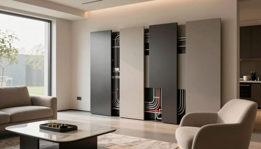 A modern interior space showcasing a stylish blend of furniture and a cleverly concealed technical installation. In the foreground, elegant furniture, possibly an armchair and a sleek coffee table, set the scene. In the middle ground, a prominent blending panel artfully disguises complex wiring and plumbing, crafted from high-quality materials with a smooth finish. The background features a well-lit window revealing a serene outdoor view, enhancing the ambiance with natural light streaming in. The lighting is soft and diffused, creating a cozy atmosphere. The camera angle is slightly elevated, capturing the functionality and aesthetics of the space, emphasizing the role of the blend in a sophisticated manner. The overall mood is inviting and modern, highlighting the importance of design in masking essential installations seamlessly. A modern interior space showcasing a stylish blend of furniture and a cleverly concealed technical installation. In the foreground, elegant furniture, possibly an armchair and a sleek coffee table, set the scene. In the middle ground, a prominent blending panel artfully disguises complex wiring and plumbing, crafted from high-quality materials with a smooth finish. The background features a well-lit window revealing a serene outdoor view, enhancing the ambiance with natural light streaming in. The lighting is soft and diffused, creating a cozy atmosphere. The camera angle is slightly elevated, capturing the functionality and aesthetics of the space, emphasizing the role of the blend in a sophisticated manner. The overall mood is inviting and modern, highlighting the importance of design in masking essential installations seamlessly.