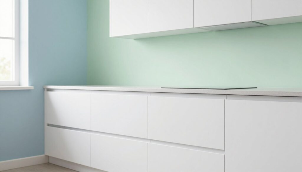 A modern kitchen interior showcasing a harmonious blend of cabinetry and wall colors. In the foreground, sleek white kitchen furniture with rounded edges and minimalist design, reflecting light to create a bright ambiance. The middle ground features a well-coordinated backdrop of soft pastel wall colors, such as light blue or pale green, enhancing the warmth of the white furniture. In the background, a window offers natural light that softly illuminates the space, creating an inviting atmosphere. The angle is slightly elevated, allowing a clear view of both furniture fronts and the complementary wall finish. The scene conveys a chic and contemporary style, making the combination of furniture and background visually appealing without any distractions.