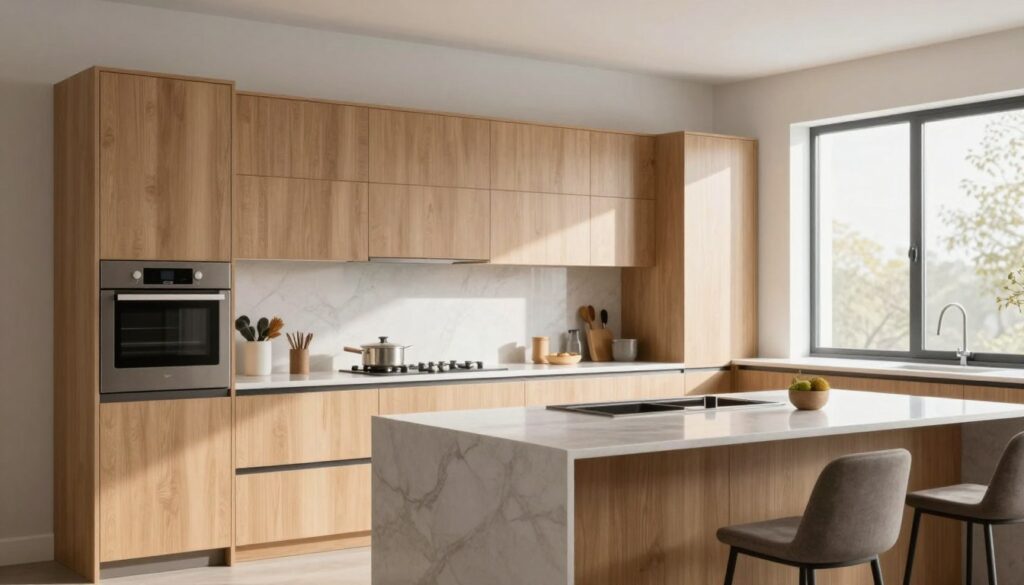 A modern kitchen with sleek, custom cabinetry that showcases a blend of minimalist design and practical functionality. The foreground features a polished kitchen island with bar stools, inviting and well-organized. In the middle, elegant kitchen cabinets made of light oak wood with a soft matte finish are paired with stainless steel appliances, enhancing a contemporary feel. The background reveals a bright, airy space with large windows allowing natural light to flood in, illuminating the warm tones of the wood and the cool metal. The scene is set early in the morning, evoking a fresh and vibrant atmosphere, perfect for both cooking and social gatherings. The focus should be on the harmony between the furniture and the home's character while maintaining a clean and stylish look. A modern kitchen with sleek, custom cabinetry that showcases a blend of minimalist design and practical functionality. The foreground features a polished kitchen island with bar stools, inviting and well-organized. In the middle, elegant kitchen cabinets made of light oak wood with a soft matte finish are paired with stainless steel appliances, enhancing a contemporary feel. The background reveals a bright, airy space with large windows allowing natural light to flood in, illuminating the warm tones of the wood and the cool metal. The scene is set early in the morning, evoking a fresh and vibrant atmosphere, perfect for both cooking and social gatherings. The focus should be on the harmony between the furniture and the home's character while maintaining a clean and stylish look.