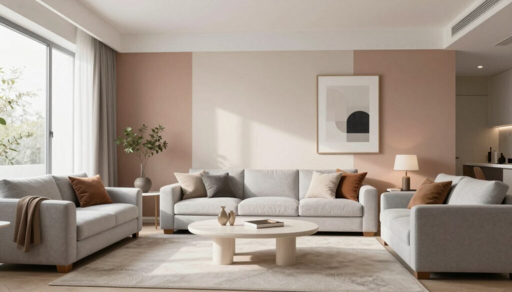 A modern living room designed with white furniture and a gray sofa, showcasing a harmonious color palette for the walls. In the foreground, plush textures and elegant accessories complement the decor. The middle of the room features chic wall colors, such as soft pastels or muted earth tones, that create a warm ambiance, avoiding any cold effects. Natural light streams through large windows, casting gentle shadows and highlighting the color nuances. The background reveals tasteful wall art that enhances the overall aesthetic. The atmosphere is inviting and stylish, perfect for creating a contemporary yet cozy interior. The image captures the essence of a well-arranged space, focusing on color coordination and modern design elements. A modern living room designed with white furniture and a gray sofa, showcasing a harmonious color palette for the walls. In the foreground, plush textures and elegant accessories complement the decor. The middle of the room features chic wall colors, such as soft pastels or muted earth tones, that create a warm ambiance, avoiding any cold effects. Natural light streams through large windows, casting gentle shadows and highlighting the color nuances. The background reveals tasteful wall art that enhances the overall aesthetic. The atmosphere is inviting and stylish, perfect for creating a contemporary yet cozy interior. The image captures the essence of a well-arranged space, focusing on color coordination and modern design elements.