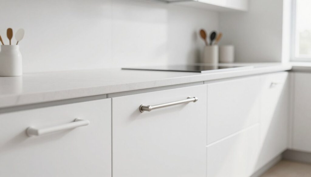 A modern minimalist kitchen featuring sleek white cabinetry, focusing on stylish white furniture handles. In the foreground, showcase various handle designs, such as long bar pulls and geometric knob shapes, all crafted from brushed metal to contrast with the cabinetry. The middle ground includes a clean, uncluttered countertop with a subtle arrangement of kitchen utensils. The background features a soft-focus view of white walls and minimal decor, enhancing the sense of spaciousness. The lighting is bright and natural, streaming in from a nearby window, casting gentle shadows to create depth. The atmosphere is fresh and contemporary, embodying the essence of modern minimalism. A modern minimalist kitchen featuring sleek white cabinetry, focusing on stylish white furniture handles. In the foreground, showcase various handle designs, such as long bar pulls and geometric knob shapes, all crafted from brushed metal to contrast with the cabinetry. The middle ground includes a clean, uncluttered countertop with a subtle arrangement of kitchen utensils. The background features a soft-focus view of white walls and minimal decor, enhancing the sense of spaciousness. The lighting is bright and natural, streaming in from a nearby window, casting gentle shadows to create depth. The atmosphere is fresh and contemporary, embodying the essence of modern minimalism.