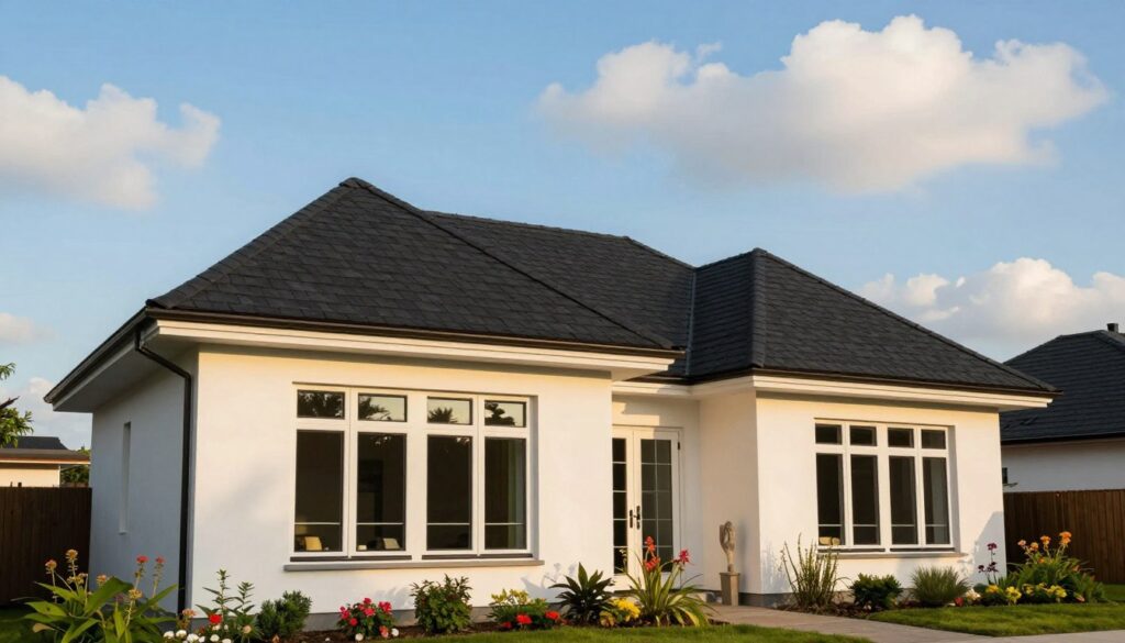 A modern residential facade showcasing an elegant house with a black roof, highlighting a thoughtful color selection for the window frames. In the foreground, there are large, stylish windows painted in a warm white color that contrasts with the dark shingles above. The middle ground features a beautifully manicured garden, adding vibrant greenery and colorful flowers. The background includes a clear blue sky with soft, fluffy clouds, providing a bright and cheerful ambiance. The scene is captured during the golden hour, with warm, soft lighting enhancing the textures of the building materials. The angle is slightly elevated, offering a comprehensive view of the home’s architecture and the harmonious interaction between the roof, facade, and window colors. The mood is inviting and modern.