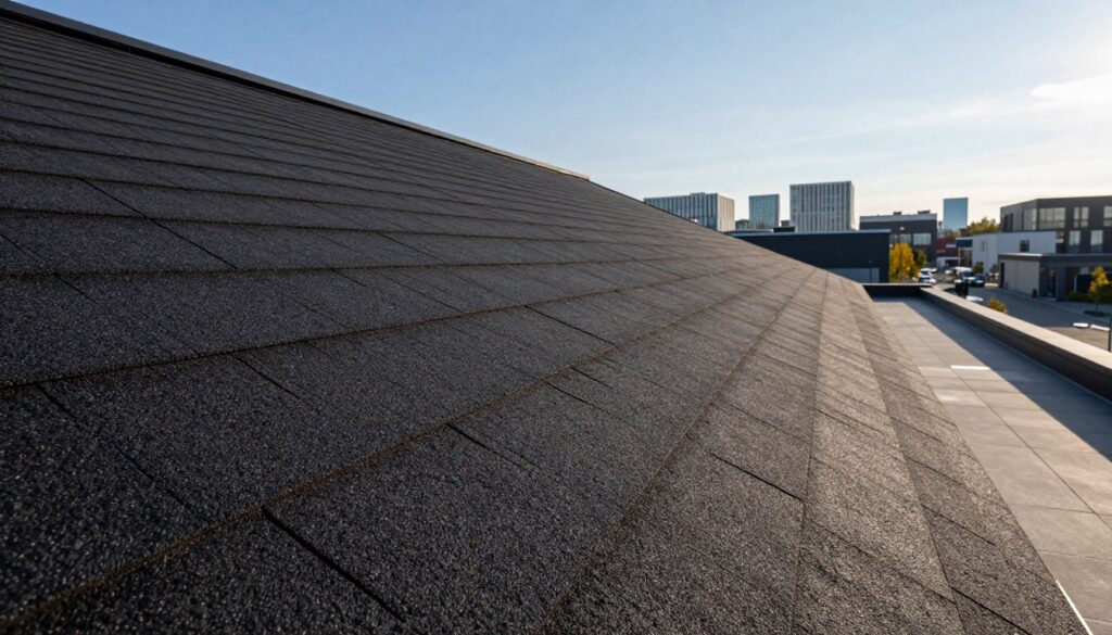 A modern rooftop showcasing "gont bitumiczny," or bituminous shingles, in a sleek architectural setting. In the foreground, vibrant dark shingles with a textured surface glisten under soft sunlight, demonstrating durability and style. The middle ground features a sloped roof, emphasizing the shingles' perfect fit and seamless design. In the background, a contemporary urban skyline under a clear blue sky adds a striking contrast. The image is captured with a wide-angle lens to accentuate the architectural lines and depth. Soft, natural lighting creates a warm and inviting atmosphere, highlighting the practicality and aesthetic appeal of modern bituminous roofing materials, ideal for a professional article on durable roofing solutions. A modern rooftop showcasing "gont bitumiczny," or bituminous shingles, in a sleek architectural setting. In the foreground, vibrant dark shingles with a textured surface glisten under soft sunlight, demonstrating durability and style. The middle ground features a sloped roof, emphasizing the shingles' perfect fit and seamless design. In the background, a contemporary urban skyline under a clear blue sky adds a striking contrast. The image is captured with a wide-angle lens to accentuate the architectural lines and depth. Soft, natural lighting creates a warm and inviting atmosphere, highlighting the practicality and aesthetic appeal of modern bituminous roofing materials, ideal for a professional article on durable roofing solutions.