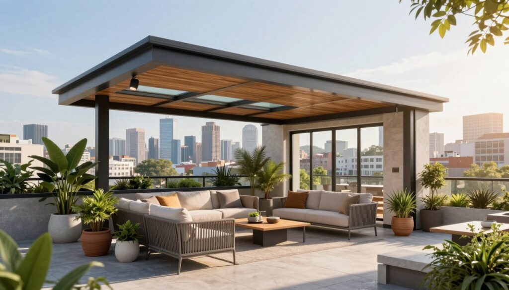 A modern terrace adorned with an elegant, stylish roof providing shelter from the rain and sun, featuring a sleek design suitable for various weather conditions. In the foreground, showcase a beautifully arranged seating area with comfortable outdoor furniture, surrounded by potted plants and decorative elements. The middle ground presents the striking architectural features of the roof, emphasizing its protective qualities, materials like wood and glass, and adjustable elements for sun control. In the background, depict a panoramic view of a vibrant urban skyline bathed in warm sunlight, hinting at the directions one might choose based on sunlight exposure. The lighting is bright and inviting, creating a cheerful and relaxing atmosphere, with soft shadows adding depth to the scene. Aim for a realistic and detailed rendering, capturing the essence of a modern outdoor living space. A modern terrace adorned with an elegant, stylish roof providing shelter from the rain and sun, featuring a sleek design suitable for various weather conditions. In the foreground, showcase a beautifully arranged seating area with comfortable outdoor furniture, surrounded by potted plants and decorative elements. The middle ground presents the striking architectural features of the roof, emphasizing its protective qualities, materials like wood and glass, and adjustable elements for sun control. In the background, depict a panoramic view of a vibrant urban skyline bathed in warm sunlight, hinting at the directions one might choose based on sunlight exposure. The lighting is bright and inviting, creating a cheerful and relaxing atmosphere, with soft shadows adding depth to the scene. Aim for a realistic and detailed rendering, capturing the essence of a modern outdoor living space.