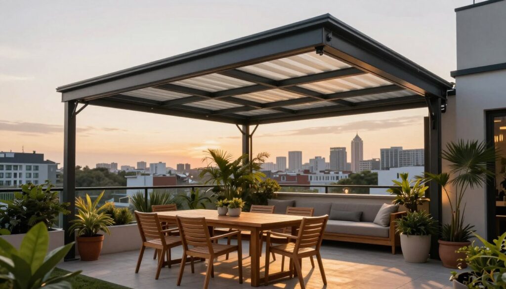 A modern terrace with a stylish retractable roof system providing shade and rain protection. In the foreground, there’s a sleek, wooden outdoor dining set with elegant chairs, surrounded by lush potted plants. The middle ground features the sophisticated roof structure in a semi-open position, highlighting its adjustable slats that allow for varying degrees of sunlight. The background showcases a beautiful skyline at dusk, with warm golden hour lighting casting soft shadows on the terrace. The scene conveys a calm and inviting atmosphere, perfect for relaxing or entertaining. The angle is slightly elevated to capture both the terrace design and the surrounding city ambiance, emphasizing the functional beauty of the roof construction. A modern terrace with a stylish retractable roof system providing shade and rain protection. In the foreground, there’s a sleek, wooden outdoor dining set with elegant chairs, surrounded by lush potted plants. The middle ground features the sophisticated roof structure in a semi-open position, highlighting its adjustable slats that allow for varying degrees of sunlight. The background showcases a beautiful skyline at dusk, with warm golden hour lighting casting soft shadows on the terrace. The scene conveys a calm and inviting atmosphere, perfect for relaxing or entertaining. The angle is slightly elevated to capture both the terrace design and the surrounding city ambiance, emphasizing the functional beauty of the roof construction.
