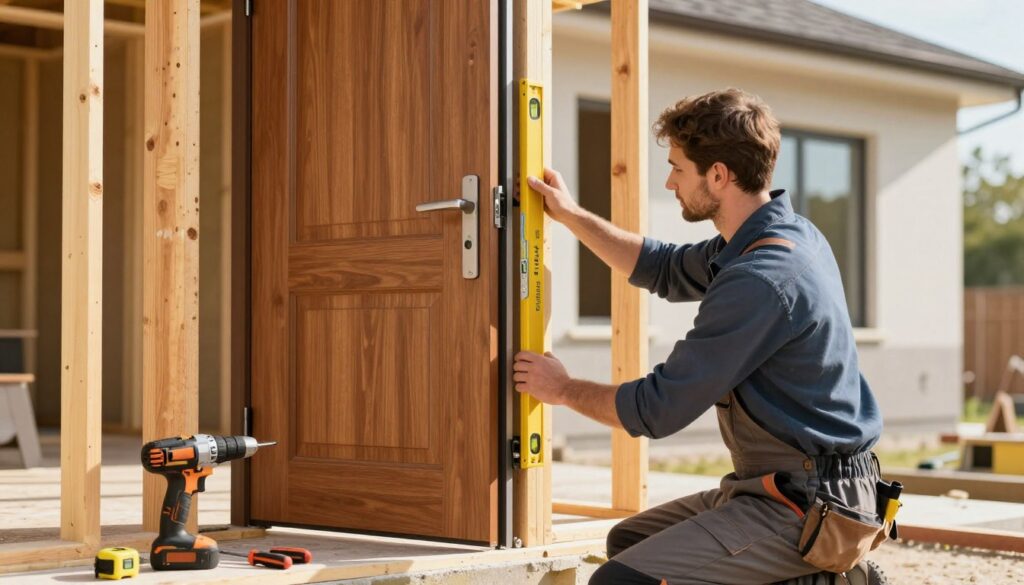 A professional construction scene depicting the installation of external doors, showcasing a skilled tradesperson wearing business casual attire. In the foreground, focus on the tradesperson carefully aligning a modern wooden door in a sturdy wooden frame, using a level for precision. Tools like a drill, screwdrivers, and a measuring tape are neatly arranged nearby. The middle ground features a partially completed facade of a house, emphasizing the importance of proper installation techniques. In the background, a bright, sunny day casts a warm light, creating a positive and productive atmosphere. The image should capture the essence of craftsmanship and attention to detail, highlighting the techniques for ensuring security and airtightness in door installations. A professional construction scene depicting the installation of external doors, showcasing a skilled tradesperson wearing business casual attire. In the foreground, focus on the tradesperson carefully aligning a modern wooden door in a sturdy wooden frame, using a level for precision. Tools like a drill, screwdrivers, and a measuring tape are neatly arranged nearby. The middle ground features a partially completed facade of a house, emphasizing the importance of proper installation techniques. In the background, a bright, sunny day casts a warm light, creating a positive and productive atmosphere. The image should capture the essence of craftsmanship and attention to detail, highlighting the techniques for ensuring security and airtightness in door installations.