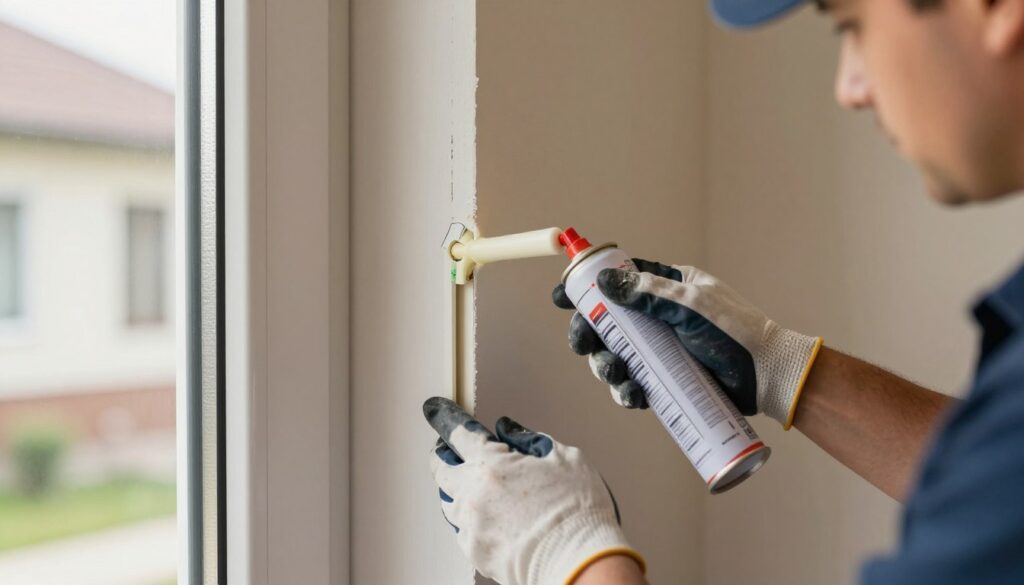 A professional contractor applying монтажная пена to seal the gaps around a newly installed exterior door frame, focusing on the details of the foam application. In the foreground, capture the contractor's skilled hands, wearing gloves, expertly handling the canister of foam, with the door and frame clearly visible. The middle background should showcase the door's construction, emphasizing the snug fit against the wall, with minimal gaps. Soft, natural lighting illuminates the scene, creating a warm and inviting atmosphere. The background can include the exterior of a home, subtly blurred to maintain focus on the sealing process, while ensuring that the overall mood conveys professionalism and attention to detail in home installation. A professional contractor applying монтажная пена to seal the gaps around a newly installed exterior door frame, focusing on the details of the foam application. In the foreground, capture the contractor's skilled hands, wearing gloves, expertly handling the canister of foam, with the door and frame clearly visible. The middle background should showcase the door's construction, emphasizing the snug fit against the wall, with minimal gaps. Soft, natural lighting illuminates the scene, creating a warm and inviting atmosphere. The background can include the exterior of a home, subtly blurred to maintain focus on the sealing process, while ensuring that the overall mood conveys professionalism and attention to detail in home installation.