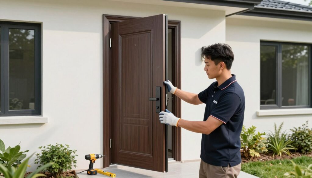 A professional contractor installing an exterior door with a matching frame in a modern house. In the foreground, the contractor, dressed in a branded polo and work gloves, is focused on aligning the door properly. The middle ground features the partially open door, showcasing its sleek design and energy-efficient features, with tools like a drill and level nearby. In the background, a newly painted house façade with landscaped greenery adds context. Soft, natural lighting illuminates the scene, casting gentle shadows that enhance the three-dimensionality. The overall atmosphere is efficient and professional, reflecting a well-structured installation process, ideal for showcasing door mounting services. A professional contractor installing an exterior door with a matching frame in a modern house. In the foreground, the contractor, dressed in a branded polo and work gloves, is focused on aligning the door properly. The middle ground features the partially open door, showcasing its sleek design and energy-efficient features, with tools like a drill and level nearby. In the background, a newly painted house façade with landscaped greenery adds context. Soft, natural lighting illuminates the scene, casting gentle shadows that enhance the three-dimensionality. The overall atmosphere is efficient and professional, reflecting a well-structured installation process, ideal for showcasing door mounting services.