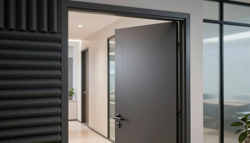 A professional-grade soundproof door prominently featured in the foreground, showcasing a sleek design with a smooth finish and integrated acoustic features. The door is slightly ajar, hinting at a modern interior space beyond. In the middle ground, a well-lit corridor with minimalist decor complements the door, emphasizing its functionality and modernity. The background reveals a hint of an urban environment through frosted glass panels, suggesting sound insulation from outside noise. Soft, even lighting enhances the professionalism of the scene, while a slight depth of field focuses on the door, creating a serene and sophisticated atmosphere. The overall mood conveys innovation and effectiveness in soundproofing solutions for contemporary architecture. A professional-grade soundproof door prominently featured in the foreground, showcasing a sleek design with a smooth finish and integrated acoustic features. The door is slightly ajar, hinting at a modern interior space beyond. In the middle ground, a well-lit corridor with minimalist decor complements the door, emphasizing its functionality and modernity. The background reveals a hint of an urban environment through frosted glass panels, suggesting sound insulation from outside noise. Soft, even lighting enhances the professionalism of the scene, while a slight depth of field focuses on the door, creating a serene and sophisticated atmosphere. The overall mood conveys innovation and effectiveness in soundproofing solutions for contemporary architecture.