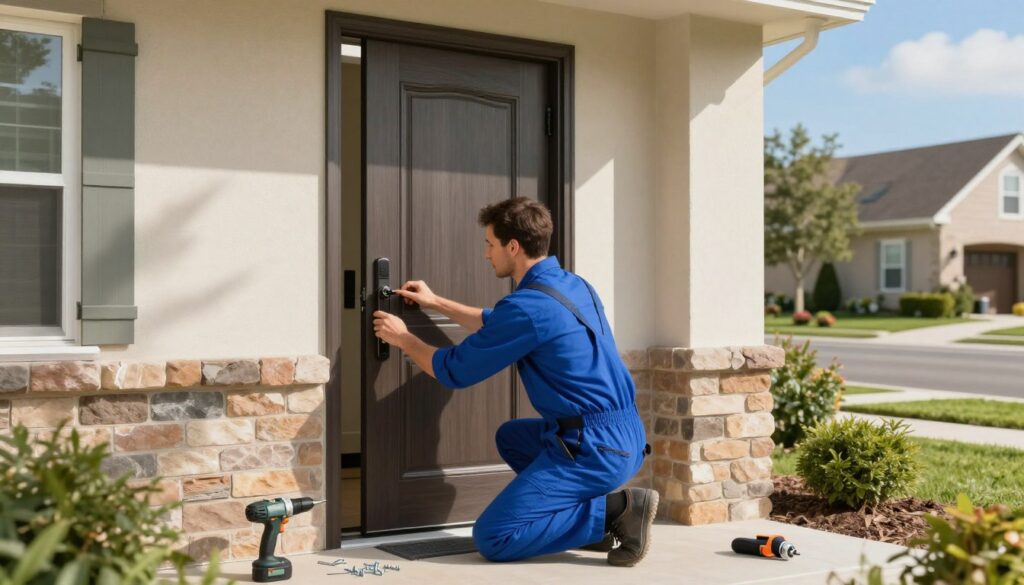 A professional handyman installing an elegant exterior door in a residential setting. In the foreground, the handyman, dressed in a smart blue uniform, carefully places the door within the frame, surrounded by tools and materials such as screws and a power drill. The middle ground showcases the partially opened door, revealing a modern entrance with a stylish doorknob and trim. The background depicts a sunny suburban neighborhood with a well-maintained garden and a clear blue sky, enhancing the atmosphere of a typical home improvement project. Soft natural light filters through, casting gentle shadows, while the scene conveys a sense of professionalism and attention to detail, emphasizing the importance of quality installation in door replacement. A professional handyman installing an elegant exterior door in a residential setting. In the foreground, the handyman, dressed in a smart blue uniform, carefully places the door within the frame, surrounded by tools and materials such as screws and a power drill. The middle ground showcases the partially opened door, revealing a modern entrance with a stylish doorknob and trim. The background depicts a sunny suburban neighborhood with a well-maintained garden and a clear blue sky, enhancing the atmosphere of a typical home improvement project. Soft natural light filters through, casting gentle shadows, while the scene conveys a sense of professionalism and attention to detail, emphasizing the importance of quality installation in door replacement.