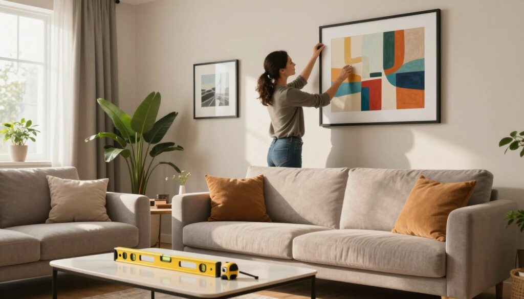 A professional interior designer skillfully hanging framed artwork above a modern sofa in a stylish living room. The foreground features tools like a level and tape measure on a sleek coffee table. In the middle, the designer, dressed in smart casual attire, adjusts the height of a colorful abstract painting, ensuring perfect alignment. The background showcases a tastefully decorated wall with complementary decor, including plants and other framed pieces. Warm, natural lighting streams in from a nearby window, creating a cozy, inviting atmosphere. The scene conveys a sense of professionalism and creativity, emphasizing the technical aspects of wall decoration and spatial arrangement without any distractions.
