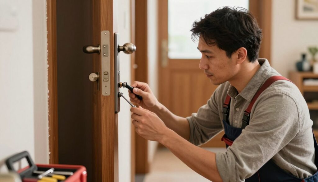 A professional locksmith in a modest, casual outfit is kneeling next to a closed wooden door with a complex lock mechanism. In the foreground, the locksmith is using specialized tools to manipulate the lock, showcasing concentration and expertise. The middle ground includes the door handle and a partially visible tool kit, adding context to the scene. The background features a softly lit hallway with warm, inviting colors that emphasize a cozy home atmosphere. Natural light filters in through a nearby window, casting gentle shadows and creating a calm yet focused mood. The image should have a clear depth of field, highlighting the locksmith while subtly blurring the background to draw attention to the skillful work being performed.