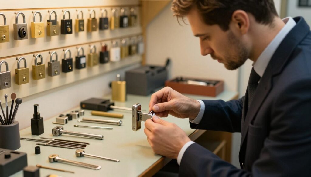 A professional locksmith in a workshop, focused on opening a complex door lock. In the foreground, the locksmith, dressed in smart business attire, is carefully inserting tools into the lock, showcasing concentration and expertise. The middle ground features an array of locksmith tools, such as picks, tension wrenches, and a workbench cluttered with lock components, illuminated by warm, soft lighting that creates an inviting atmosphere. In the background, a well-organized display of different lock types hangs on the wall, hinting at the locksmith's diverse skills. The scene is captured from a slightly elevated angle, emphasizing the craftsmanship involved in the task while maintaining a sense of professionalism and security within the environment.
