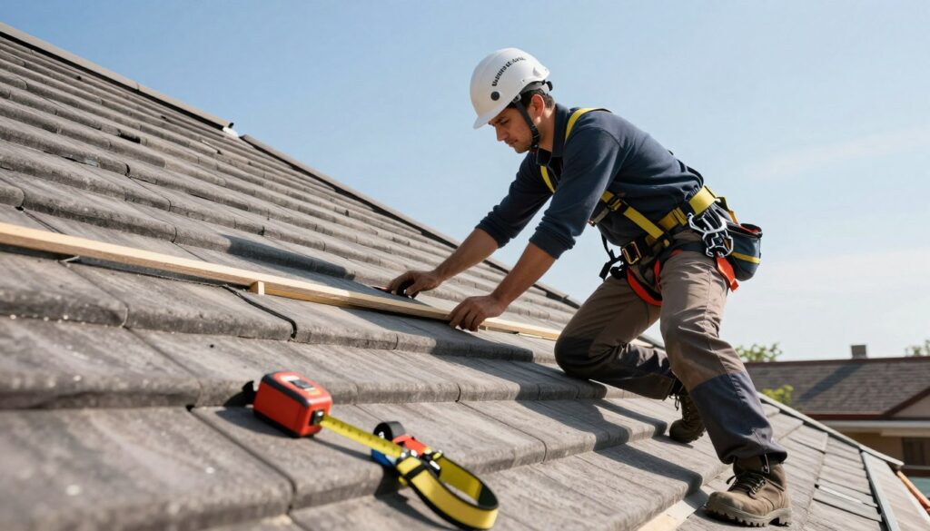 A professional roofing worker wearing a hard hat and safety harness, carefully inspecting a single-pitched roof. The foreground features tools such as a measuring tape and safety harnesses scattered on the rooftop. In the middle ground, the worker examines the spacing between rafters, emphasizing proper installation techniques. The background shows a clear blue sky, casting bright, natural light that highlights the roof's texture and materials. The overall mood is focused and diligent, capturing a moment of safety and precision during roofing work, with a sense of professionalism and attention to detail. The scene is framed from a slightly lower angle to emphasize the roof's slope and the worker's careful observation.