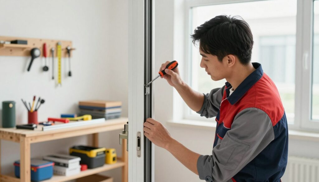 A professional service setting for window and door fittings, showcasing a technician carefully inspecting and adjusting a balcony door. In the foreground, highlight the technician in stylish work attire, focused on the door's hardware, using tools like a screwdriver and measuring tape. The middle layer features a well-lit workshop with various tools and materials neatly organized, evoking a sense of order and professionalism. The background reveals a brightly lit window, allowing natural light to enhance the atmosphere, creating a clean and inviting environment. The mood should convey expertise and attention to detail, emphasizing quality service in home improvement. Use soft, diffused lighting to accentuate the textures of the door and tools, captured from an eye-level angle for a grounded perspective.