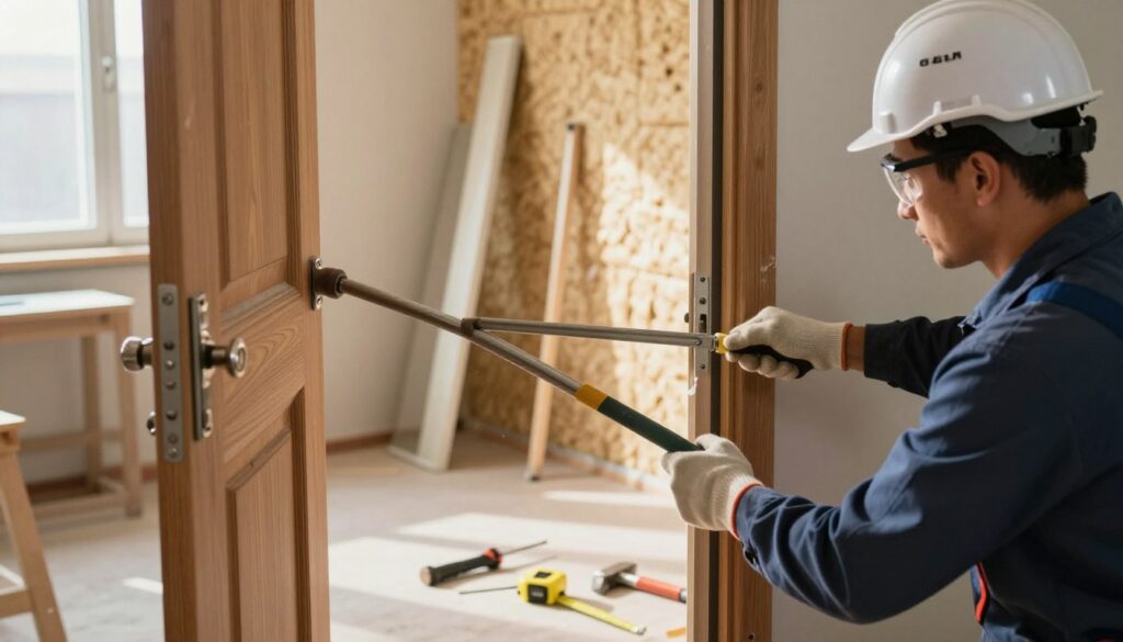 A professional worksite featuring the careful removal of exterior doors. In the foreground, a skilled technician in a hard hat and safety glasses is using a pry bar to detach a wooden door from its frame, showcasing precise technique. In the middle ground, scattered tools like a screwdriver, hammer, and measuring tape sit on the floor, emphasizing the technical nature of the task. In the background, a partially disassembled door frame and a wall with exposed insulation highlight the work being done. Natural light streams in from a nearby window, casting soft shadows and creating a focused atmosphere of diligence and craftsmanship. The overall mood is professional and industrious, capturing the important step of removing old door installations.