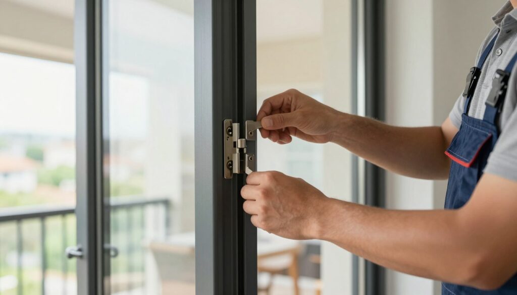 A realistic close-up of a professional handyman adjusting a balcony door in a modern apartment setting. The focus is on the handyman's skilled hands carefully manipulating the hinges and latch mechanism to correct the door's alignment. The middle ground features the door partially open, showcasing its sleek design and glass panels. In the background, a bright, airy room with natural light filtering through large windows creates a warm atmosphere. The lighting is soft yet clear, highlighting the details of the door and the adjustments being made. The handyman is dressed in a smart, modest outfit, conveying professionalism and expertise in home improvement. A realistic close-up of a professional handyman adjusting a balcony door in a modern apartment setting. The focus is on the handyman's skilled hands carefully manipulating the hinges and latch mechanism to correct the door's alignment. The middle ground features the door partially open, showcasing its sleek design and glass panels. In the background, a bright, airy room with natural light filtering through large windows creates a warm atmosphere. The lighting is soft yet clear, highlighting the details of the door and the adjustments being made. The handyman is dressed in a smart, modest outfit, conveying professionalism and expertise in home improvement.