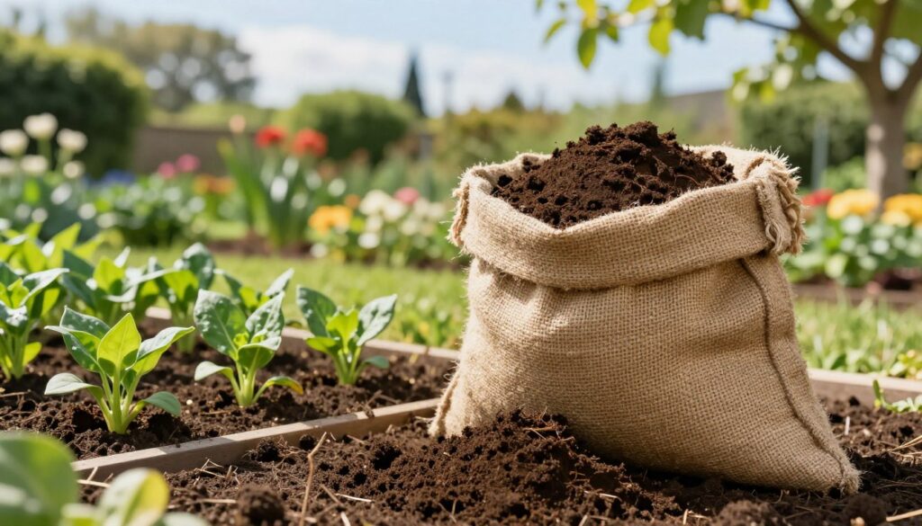 A rich, dark soil mix is the centerpiece of the image, displayed in a large, burlap sack positioned in the foreground, with a handful of the soil gently spilling out to show its texture. To the left, a well-tended garden bed is visible, filled with vibrant green plants that thrive in healthy soil. In the background, a picturesque garden landscape features blooming flowers and leafy trees under a bright, sunny sky, casting soft shadows on the ground. The atmosphere is warm and inviting, emphasizing growth and vitality, with sunlight filtering through the branches. The focal point captures the essence of universal soil, highlighting its organic properties and suitability for a variety of plants, perfectly suited for gardening enthusiasts.