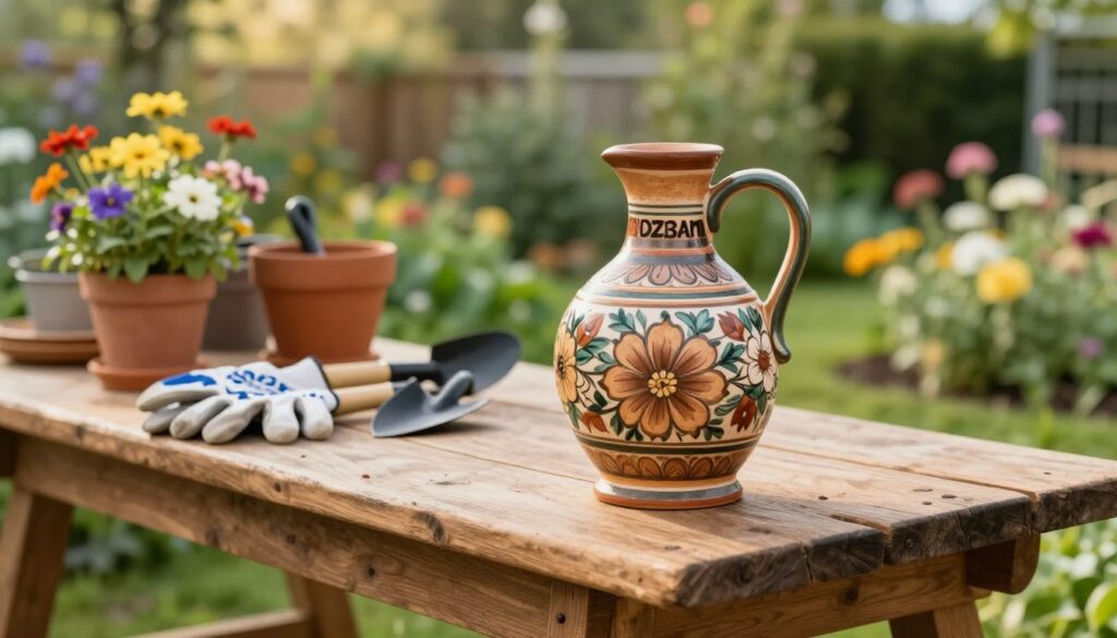 A rustic garden scene featuring a beautifully crafted ceramic jug, or "dzban," designed as a unique garden decoration. The jug, adorned with intricate floral patterns and earthy tones, is placed prominently in the foreground on a sturdy workbench made of aged wood. In the middle ground, various gardening tools like trowels, gloves, and pots are arranged neatly, emphasizing the preparation phase of creating the jug. The background showcases a lush garden filled with vibrant flowers and greenery under soft, diffused sunlight, creating a warm and inviting atmosphere. The scene is captured from a low angle, giving a sense of depth while highlighting the artistry of the jug against the serene garden backdrop.