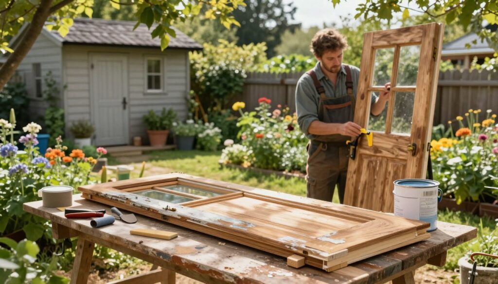 A rustic outdoor scene showcasing the renovation of wooden doors before installation in a garden setting. In the foreground, a weathered wooden door, partially stripped of old paint, rests against a workbench scattered with sandpaper, tools, and a pot of wood finish. In the middle ground, a gardener in casual work attire is carefully applying a protective sealant, their focused expression highlighting the meticulous nature of the task. Surrounding the scene, lush greenery and vibrant flowers create a warm, inviting atmosphere. Soft, natural lighting filters through the trees, casting gentle shadows. The background features a rustic garden shed and a wooden fence, adding depth to the serene landscape. The overall mood is creative and peaceful.