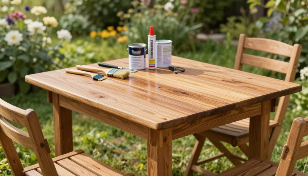 A rustic wooden garden table and chair set, freshly treated with protective wood sealer against moisture, is prominently displayed in the foreground. The wooden surface glistens under soft, natural sunlight, highlighting the rich grain and texture of the wood. In the middle ground, various tools such as brushes and cans of wood sealant are spread out, showcasing the DIY process of protecting outdoor furniture. The background features a lush green garden with soft-focus blooming flowers, enhancing the serene and inviting atmosphere. The image is captured from a slightly elevated angle to emphasize the treatment process, with warm sunlight filtering through the leaves to create a tranquil, harmonious setting. A rustic wooden garden table and chair set, freshly treated with protective wood sealer against moisture, is prominently displayed in the foreground. The wooden surface glistens under soft, natural sunlight, highlighting the rich grain and texture of the wood. In the middle ground, various tools such as brushes and cans of wood sealant are spread out, showcasing the DIY process of protecting outdoor furniture. The background features a lush green garden with soft-focus blooming flowers, enhancing the serene and inviting atmosphere. The image is captured from a slightly elevated angle to emphasize the treatment process, with warm sunlight filtering through the leaves to create a tranquil, harmonious setting.