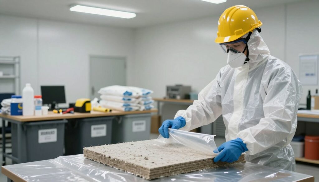 A safe and controlled environment for handling asbestos waste, featuring a professional wearing protective gear such as a mask, gloves, and a hard hat. In the foreground, the person is carefully wrapping asbestos boards in heavy-duty plastic sheeting, ensuring the materials are securely contained. In the middle ground, a well-organized workspace shows clearly labeled bins for hazardous materials, with tools for proper packaging and sealing. The background includes a clean, well-lit area set up for waste transport preparation, with bright overhead lights casting a focused glow on the scene, enhancing the sense of safety and responsibility. The atmosphere is serious yet focused, emphasizing the importance of safe asbestos handling. A safe and controlled environment for handling asbestos waste, featuring a professional wearing protective gear such as a mask, gloves, and a hard hat. In the foreground, the person is carefully wrapping asbestos boards in heavy-duty plastic sheeting, ensuring the materials are securely contained. In the middle ground, a well-organized workspace shows clearly labeled bins for hazardous materials, with tools for proper packaging and sealing. The background includes a clean, well-lit area set up for waste transport preparation, with bright overhead lights casting a focused glow on the scene, enhancing the sense of safety and responsibility. The atmosphere is serious yet focused, emphasizing the importance of safe asbestos handling.