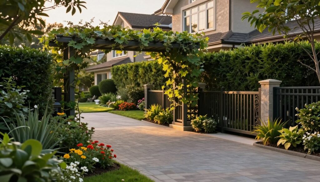 A serene and inviting driveway shielded by lush greenery and decorative fencing. In the foreground, a well-maintained garden with vibrant flowers and shrubs frames the path, creating a welcoming feel. The middle features a paved driveway, partially shaded by a stylish trellis adorned with climbing plants, offering privacy while enhancing the aesthetics. In the background, a charming house with large windows peeks through tall, neatly trimmed hedges that provide a natural barrier. The lighting is soft and warm, evoking a tranquil evening atmosphere, with gentle shadows cast by the setting sun. The image captures a peaceful suburban scene, ideal for showcasing effective privacy solutions in home landscaping.