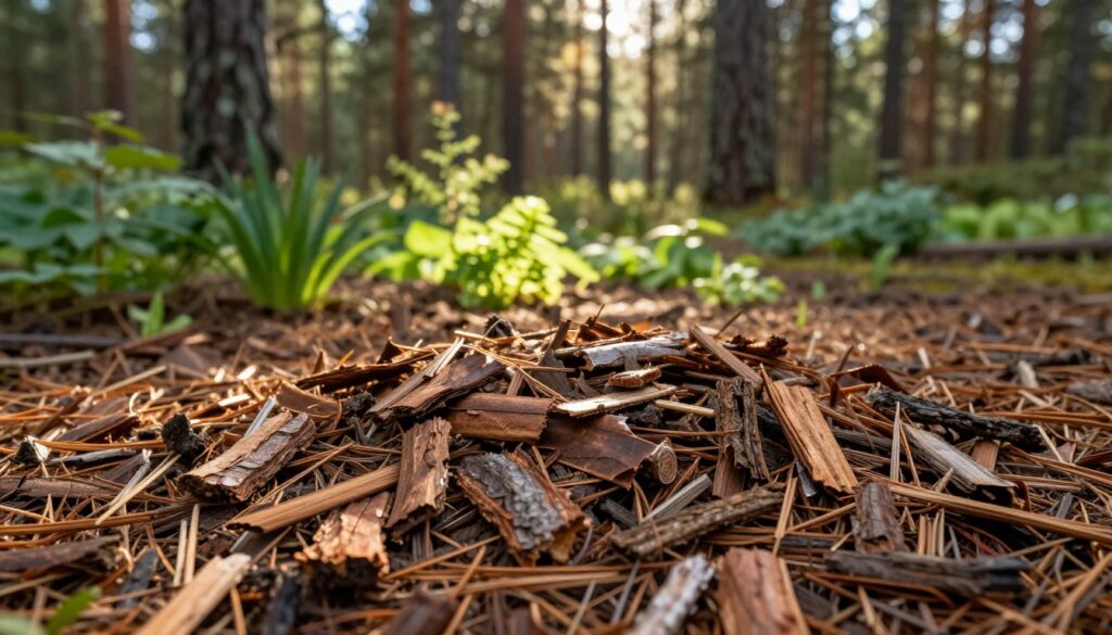 A serene forest scene featuring layers of pine bark mulch ideal for garden use. In the foreground, a rich tapestry of finely shredded kora sosnowa (pine bark) with various textures and shades of brown, showing the natural grain and detail. Scattered around are small twigs and pine needles, enhancing the organic feel. In the middle ground, a sun-dappled garden bed ready for mulching, displaying vibrant green plants and a hint of soil, illuminated by soft, warm sunlight filtering through the trees. The background features tall, majestic pine trees in a softly blurred depth of field, adding to the tranquil atmosphere. The overall mood is calm and inviting, perfect for conveying the benefits of natural mulching materials. A serene forest scene featuring layers of pine bark mulch ideal for garden use. In the foreground, a rich tapestry of finely shredded kora sosnowa (pine bark) with various textures and shades of brown, showing the natural grain and detail. Scattered around are small twigs and pine needles, enhancing the organic feel. In the middle ground, a sun-dappled garden bed ready for mulching, displaying vibrant green plants and a hint of soil, illuminated by soft, warm sunlight filtering through the trees. The background features tall, majestic pine trees in a softly blurred depth of field, adding to the tranquil atmosphere. The overall mood is calm and inviting, perfect for conveying the benefits of natural mulching materials.