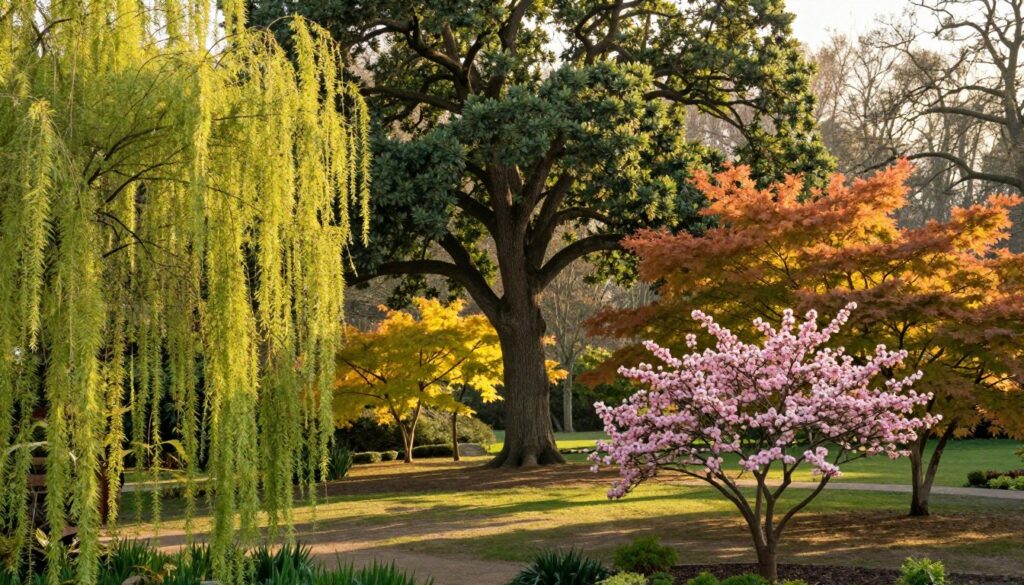 A serene garden landscape featuring a variety of deciduous trees in both large and small sizes. In the foreground, showcase a vibrant weeping willow with cascading leaves, and a small flowering dogwood expanding its pink blossoms. In the middle ground, include a majestic oak tree with a thick trunk, surrounded by smaller maples with orange and yellow foliage. The background should feature a soft-focus of a distant forest, with gentle sunlight filtering through the leaves, creating dappled shadows on the ground. Capture the scene during the golden hour to evoke a warm and inviting atmosphere. Use a wide-angle lens to encompass the diverse arrangement of trees and create a sense of depth. The overall mood should convey tranquility and the beauty of nature's variety.