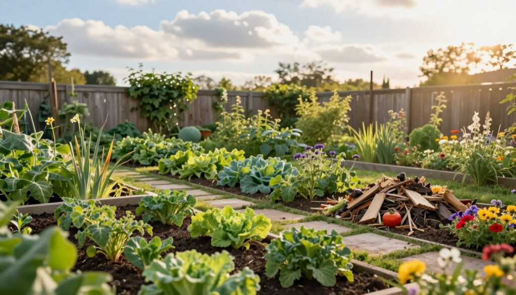 A serene garden landscape showcasing effective land utilization techniques. In the foreground, a well-tended vegetable patch brimming with vibrant greens, tomatoes, and herbs. To the right, a compost pile artfully arranged with organic materials, surrounded by colorful flowers attracting pollinators. The middle ground features raised garden beds, meticulously organized, with a pathway made of natural stones leading through lush foliage. In the background, a wooden fence adorned with climbing vines, bathed in warm, golden sunlight creating a cozy atmosphere. Soft, blue sky with fluffy white clouds adds to the calm and inviting scene. Ensure a soft focus effect to give a dreamy quality to the image, emphasizing the harmony and productivity of a well-planned garden space.