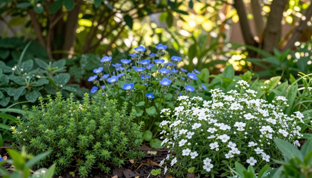A serene garden scene featuring a variety of ground cover plants thriving in shaded areas. In the foreground, lush, green creeping thyme intertwines with vibrant, flowering candytuft, showcasing delicate white blooms. The middle ground features a patch of heartleaf brunnera, its striking blue flowers peeking out among rich green foliage. In the background, dappled sunlight filters through the leaves of mature trees, casting gentle shadows and creating a tranquil atmosphere. The composition is captured from a slightly elevated angle, allowing for a panoramic view of the lush plant life, while soft bokeh effects create a dreamy quality. The lighting is warm and inviting, evoking a peaceful, serene mood in this hidden garden sanctuary. A serene garden scene featuring a variety of ground cover plants thriving in shaded areas. In the foreground, lush, green creeping thyme intertwines with vibrant, flowering candytuft, showcasing delicate white blooms. The middle ground features a patch of heartleaf brunnera, its striking blue flowers peeking out among rich green foliage. In the background, dappled sunlight filters through the leaves of mature trees, casting gentle shadows and creating a tranquil atmosphere. The composition is captured from a slightly elevated angle, allowing for a panoramic view of the lush plant life, while soft bokeh effects create a dreamy quality. The lighting is warm and inviting, evoking a peaceful, serene mood in this hidden garden sanctuary.