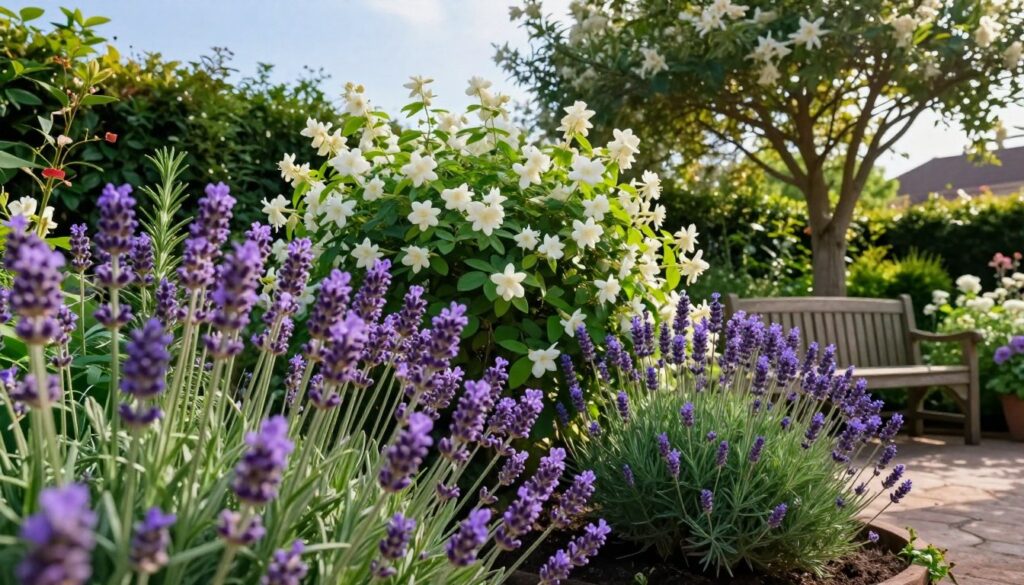 A serene garden setting filled with aromatic flowering shrubs, showcasing an array of colorful blossoms such as lavender, rosemary, and jasmines. In the foreground, clusters of lavender flowers sway gently in the breeze, their vibrant purple hues contrasting beautifully with the deep green foliage. The middle ground captures a lush, well-maintained shrubbery, where delicate white jasmine flowers bloom, exuding a calming fragrance. A wooden garden bench sits invitingly under a gently swaying tree, offering a peaceful retreat. In the background, a clear blue sky filters soft sunlight, creating a warm and inviting atmosphere. The lens captures a close-up perspective, allowing the viewer to appreciate the intricate details of the flowers, while the overall scene conveys tranquility and harmony with nature.