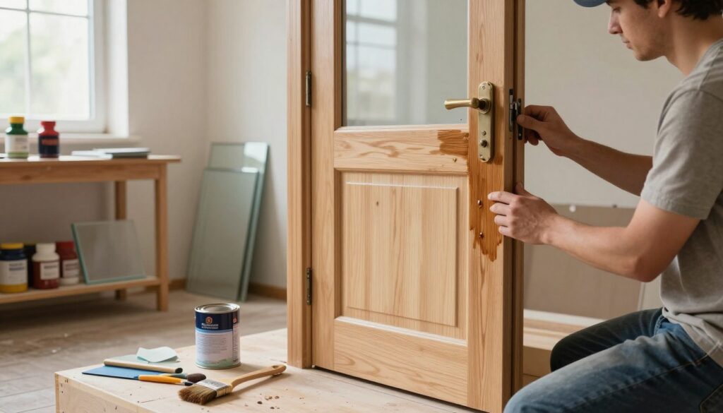 A serene interior scene showcasing the step-by-step renovation of old wooden doors with glass inserts. In the foreground, a craftsman in modest casual clothing applies wood stain to the door frame, tools scattered around: brushes, sandpaper, and a can of finish. The middle ground presents a partially sanded door, emphasizing the contrast between the worn wood and fresh surface. In the background, soft natural light filters through a window, illuminating a workspace with shelves containing jars of varnish and glass panels waiting to be reset. The overall atmosphere is inviting and industrious, capturing the meticulous nature of wood restoration, with a focus on the textures and details of the materials. A serene interior scene showcasing the step-by-step renovation of old wooden doors with glass inserts. In the foreground, a craftsman in modest casual clothing applies wood stain to the door frame, tools scattered around: brushes, sandpaper, and a can of finish. The middle ground presents a partially sanded door, emphasizing the contrast between the worn wood and fresh surface. In the background, soft natural light filters through a window, illuminating a workspace with shelves containing jars of varnish and glass panels waiting to be reset. The overall atmosphere is inviting and industrious, capturing the meticulous nature of wood restoration, with a focus on the textures and details of the materials.